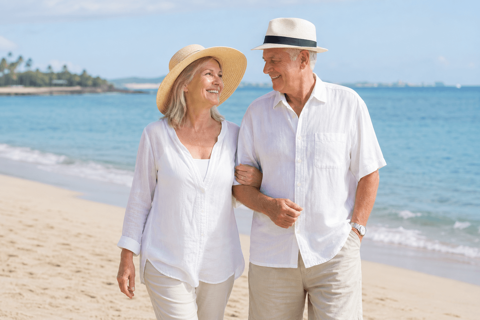 Couple walking together on the beach after hip replacement recovery