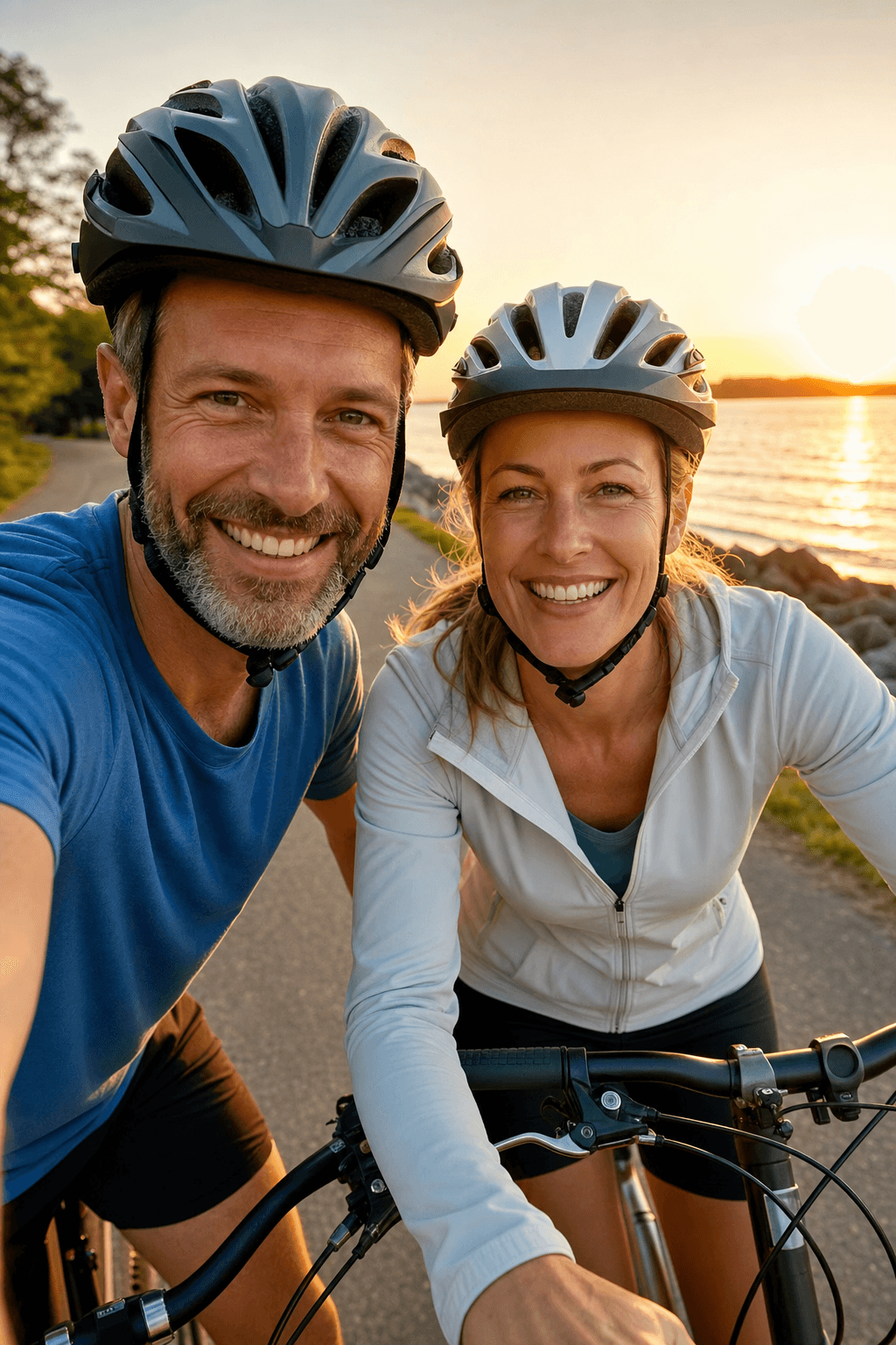 Couple in their early 40s riding bicycles together at sunset