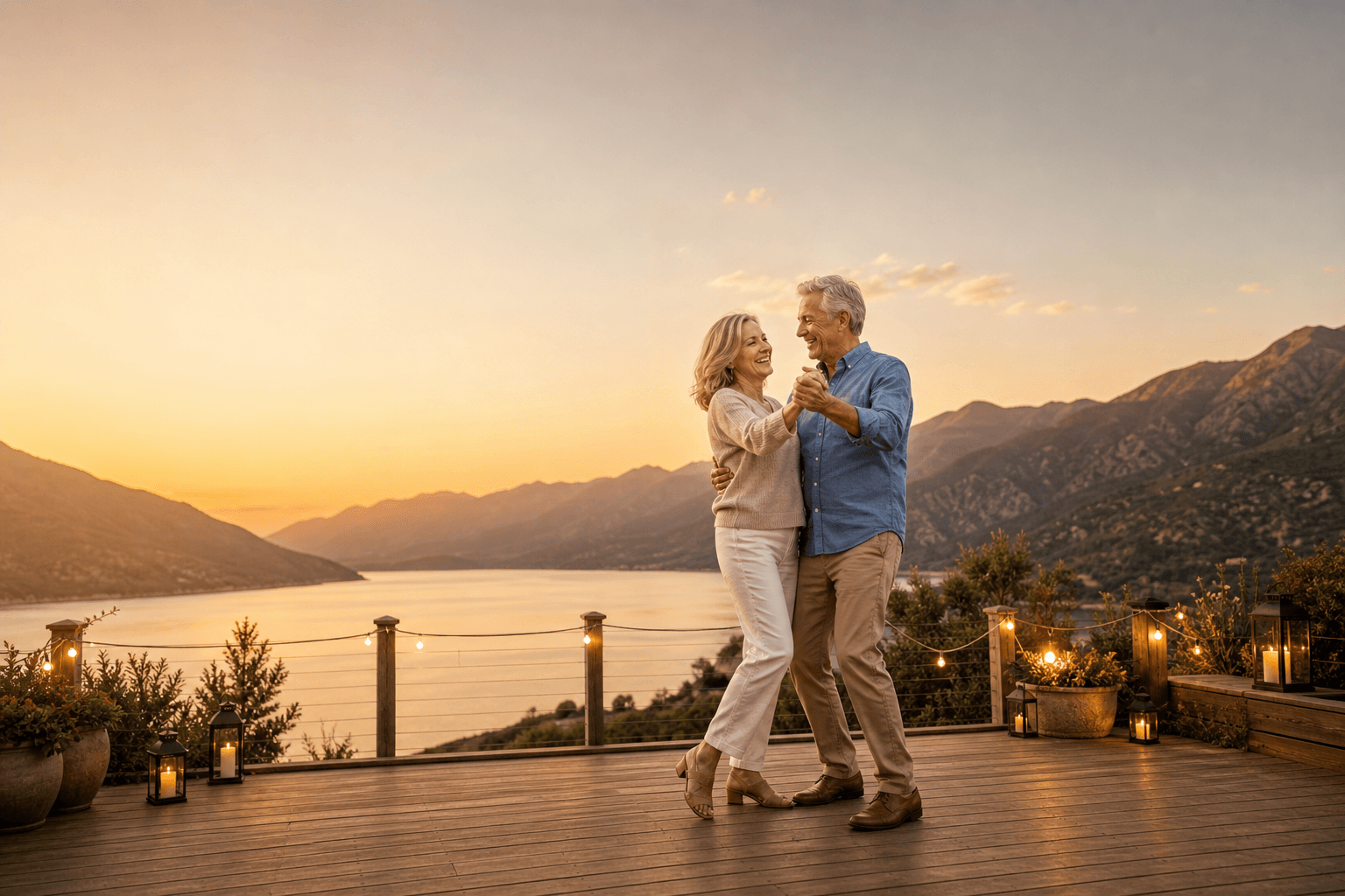 Happy couple dancing on a deck at sunset after hip replacement recovery