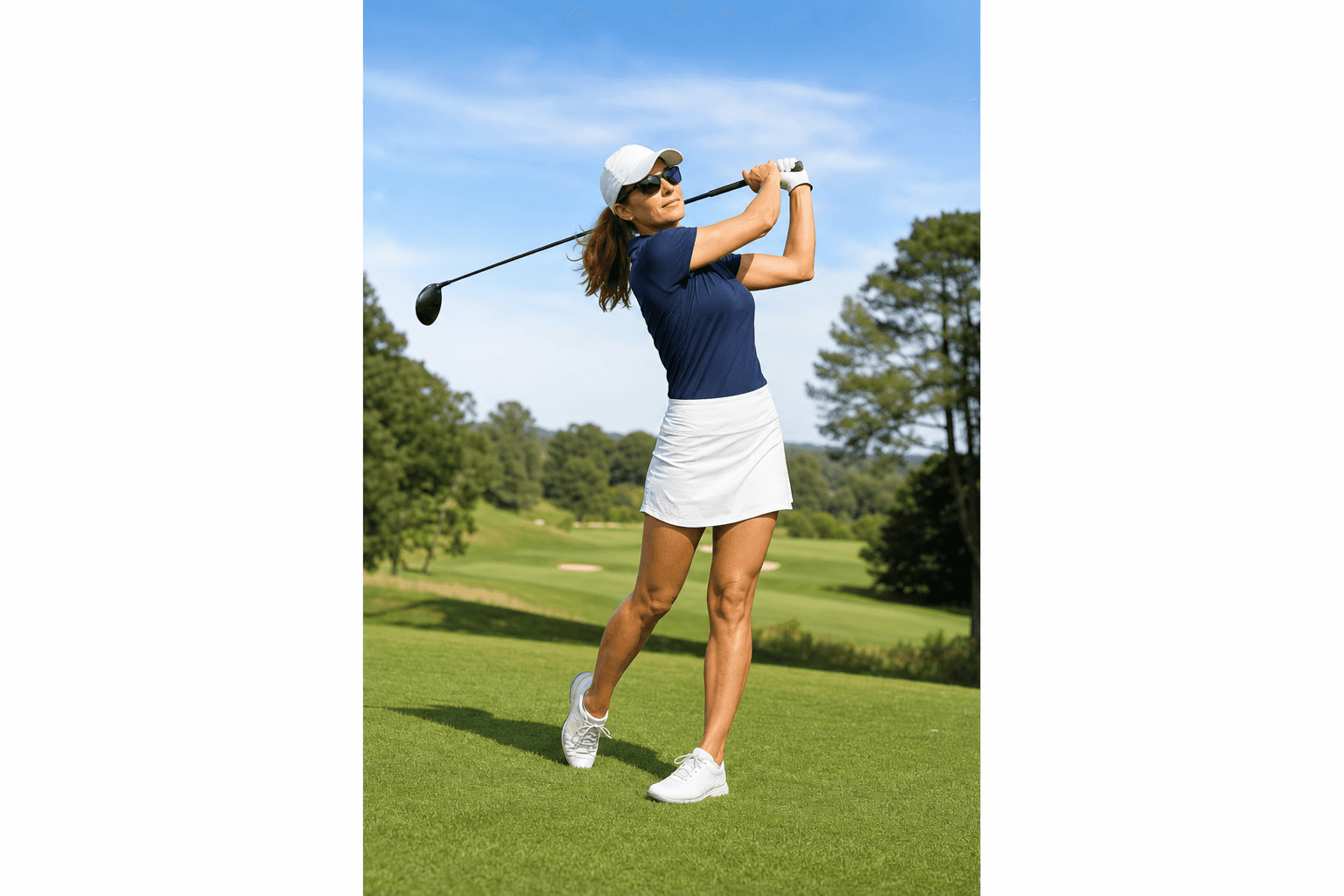 Woman playing golf on a sunny course