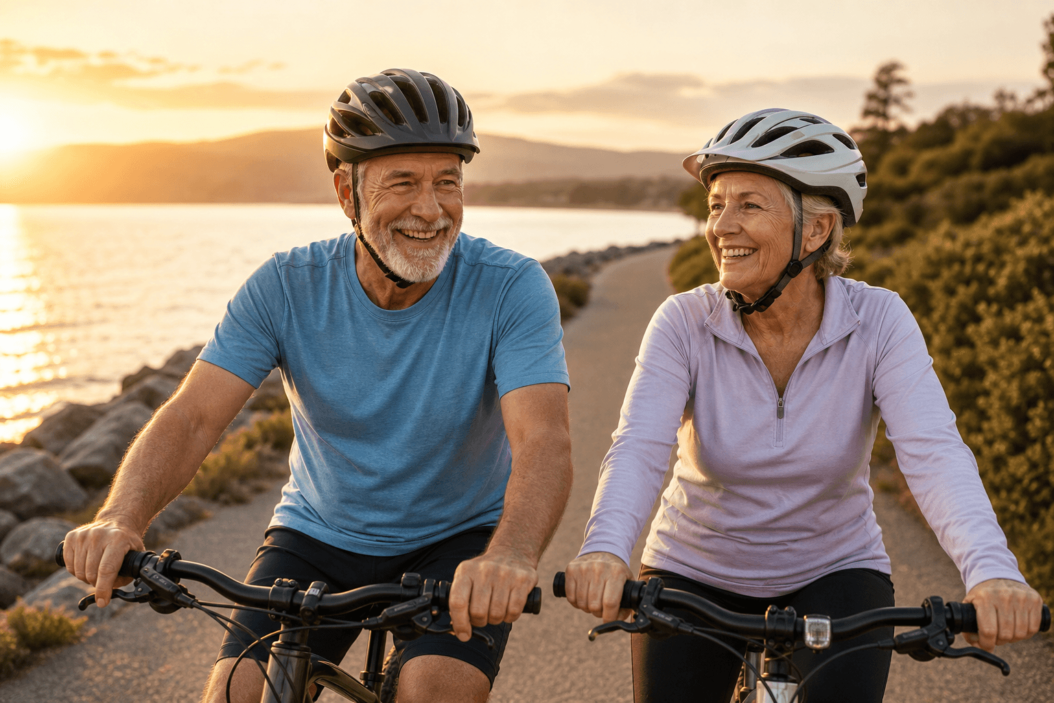 Couple riding bicycles together at sunset