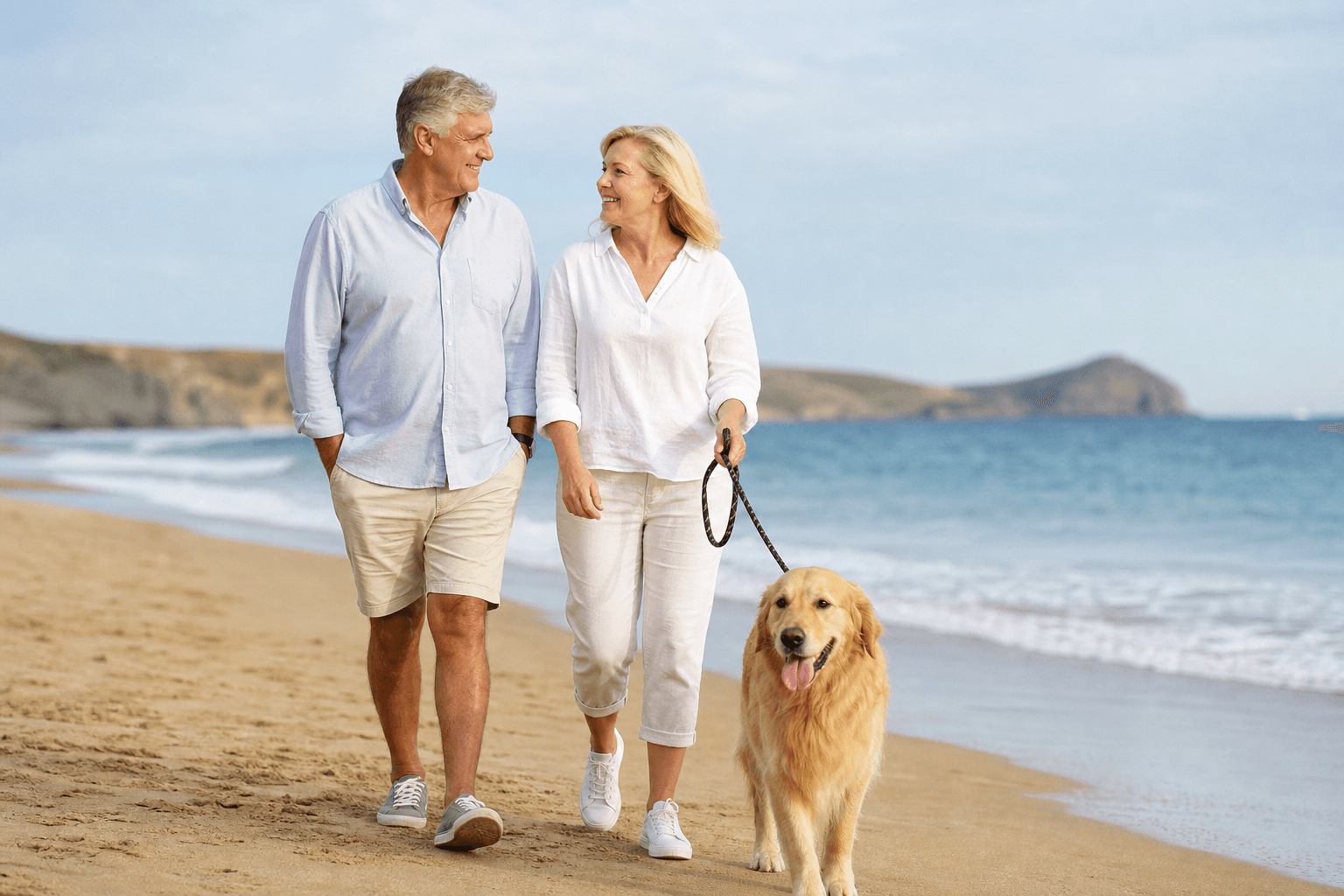 Couple walking their dog on the beach